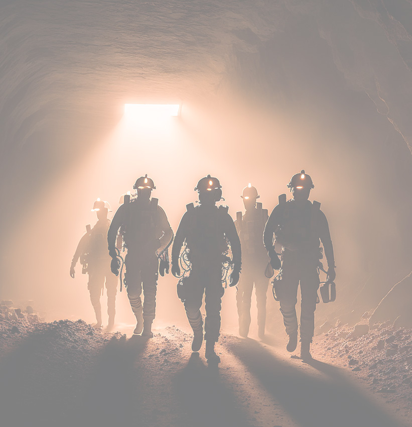 Grupo de mineros caminando en formación dentro de un túnel iluminado desde el fondo